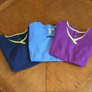 Set of Three Scrub Tops - Navy, Light Blue, and Purple